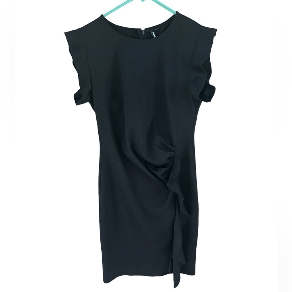 MIUSOL BLACK RUFFLED CAP SLEEVE PENCIL DRESS SIZE LARGE
